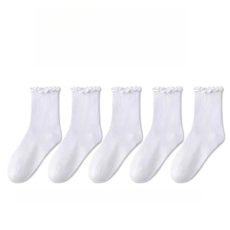 5 Paare /Los Socken für Damen Rüschen Mittelrohr Knöchel Kurz Atmungsaktiv Schwarz Weiß Set Frühling Herbst