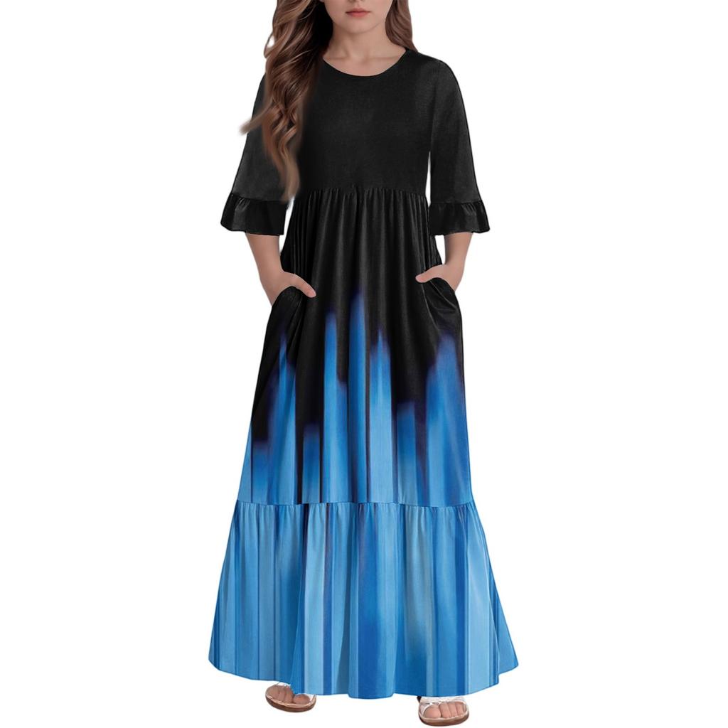 Mädchen Stufenkleid mit Rüschen - 3/4 Ärmel Taschen Maxi mit Taschen