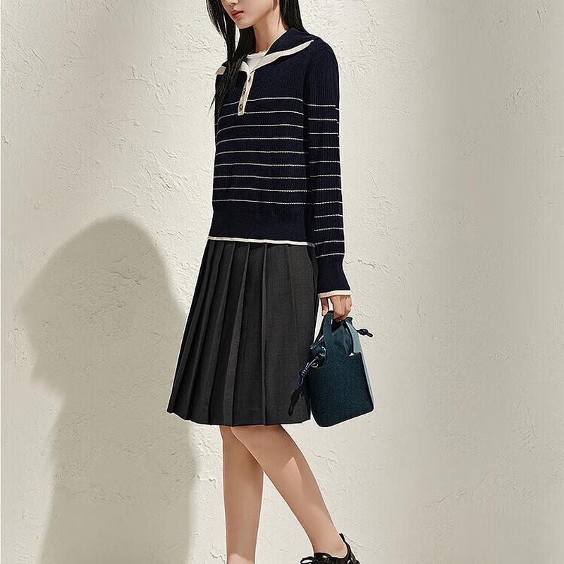 JUZI Annakou Women's Retro Striped Navy Collar Wool Knit Sweater