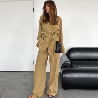 Fashion Women's Lace Up Coat Suit Casual V Neck Long Sleeve Shirt Loose Wide Leg Trousers 2025 Spring Chic Ladies Long Pant Sets