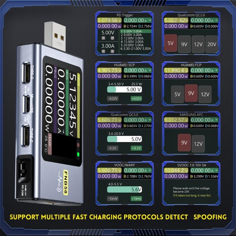 FNB58 USB Voltmeter Amperemeter Schnelllade-Tester Tragbares Stromspannungsmessgerät mit 2,0-Zoll-LCD-Display