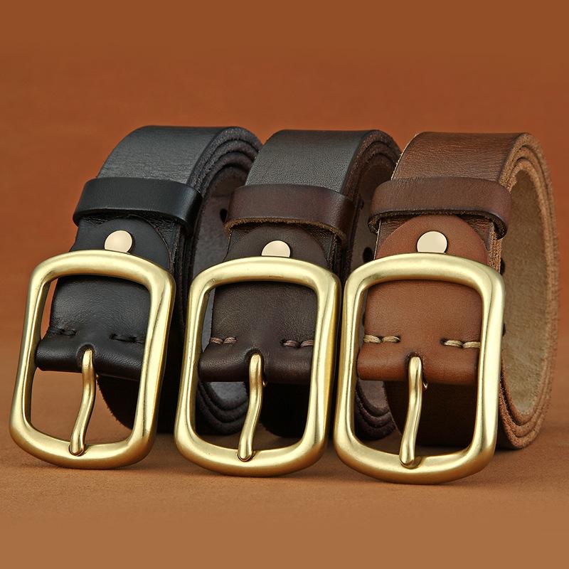 Personalized Fashion Leather Pin Buckle Brass Handmade Belt Trendy Young People Pure Cowhide Versatile Retro Belt