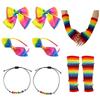 Kostüm-Set Regenbogenfarben Stirnband Ohrringe Brille Rock Beinärmel Lange Handschuhe Damen Halloween Kostüm Zubehör
