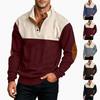 Corduroy Stand Collar Pullover for Men Casual Patchwork Long Sleeve Athletic Sweatshirt with Button Design and Elbow Patches