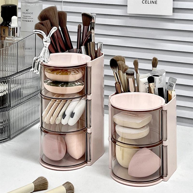 Rotating Dustproof Storage Box for Desk - Vanity Organizer Container for Beauty Sponges, Air Cushions,Lipsticks & Makeup Brushes