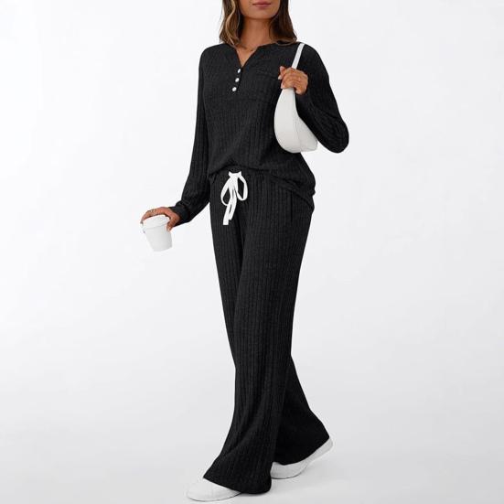 Women's 2 Piece Lounge Outfits Casual Long Sleeve Top Wide Leg Pants Pajamas Set Ribbed Sweater Sleepwear