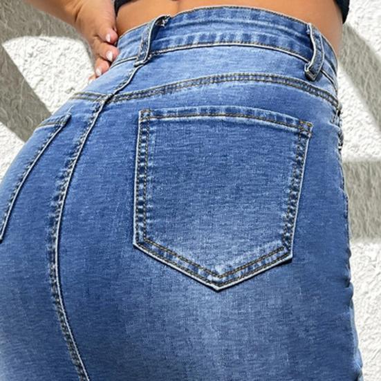 Women Denim Skirt High Waist Button Zipper Fly Multi Pockets Midi Skirt Solid Color Hip Wrapped Tassel Hem Washed Skirt