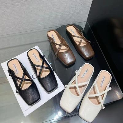 Fashion 2025 Women Flats Comfortable Cross Buckle Strip Slip On Square Toe Backless Loafers Ladies Dress Comfortable Shoes