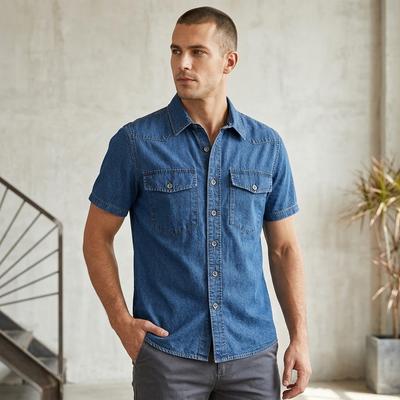 Men's Summer Denim Shirt Large Size Lightweight Cotton Slim Fit Turn-Down Collar Short Sleeve Work Button Cardigan Shirt
