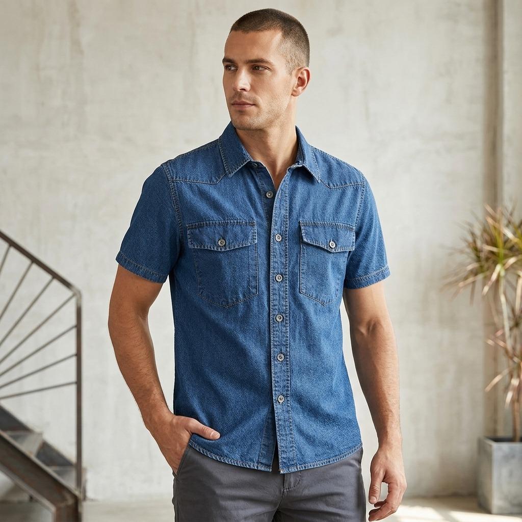 Herren Sommer Denim Hemd Große Größe Leicht Baumwolle Slim Fit Umlegekragen Kurzarm Arbeitshemd Knopf Cardigan Hemd