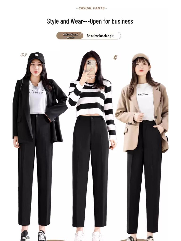 Women's High-Waist Black Cigarette Pants - Slimming, Plus Size, Cropped, Straight Fit for Spring/Autumn