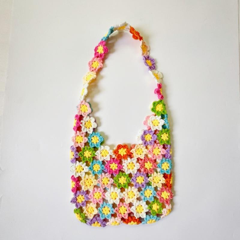 

Handmade Crochet Shoulder Bag For Women Colorful Flower Patchwork Hollow Out Knitted Tote Bag Boho Style Casual Travel Handbag