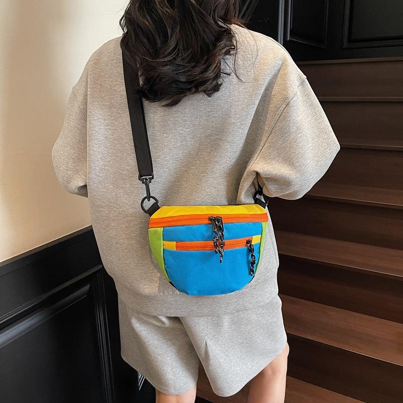 Summer Contrasting Color Saddle Bag Women'S Bag Foreign Style Canvas Shoulder Messenger Bag Niche Design Versatile Breast Bag