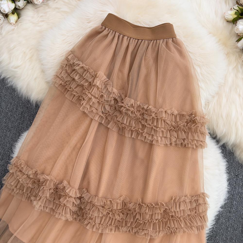Summer High-Waisted Slim Multi-Layer Ruffled Tutu Skirt Mid-Length Over-The-Knee Elastic Waist Mesh Skirt Women