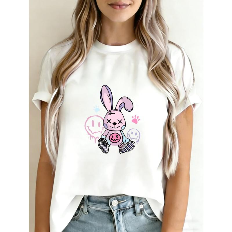 Baumwoll-T-Shirt Weißes Häschen mit Totenkopf- und Geisterdruck Lässige Alltagskleidung