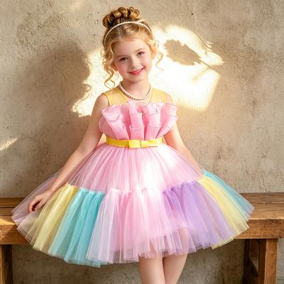 Girls Colorful Patchwork Princess Dress Sleeveless Color Block Bow Tie Dress Runway Piano Performance Party Dress