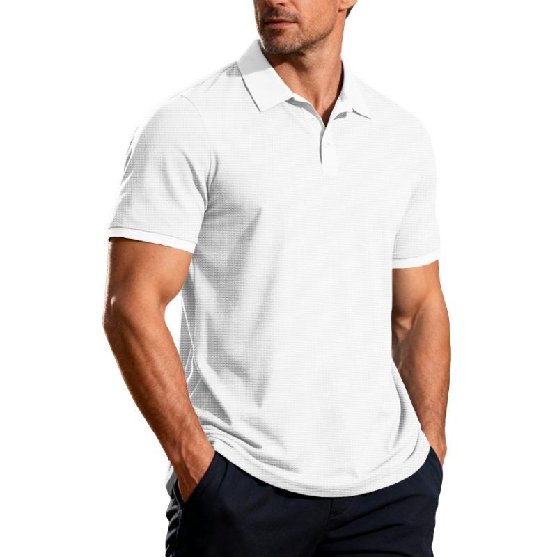 Men Dark Grey Waffle Knit Polo Shirt with Contrast Collar Cuffs Short Sleeve Casual Business Top