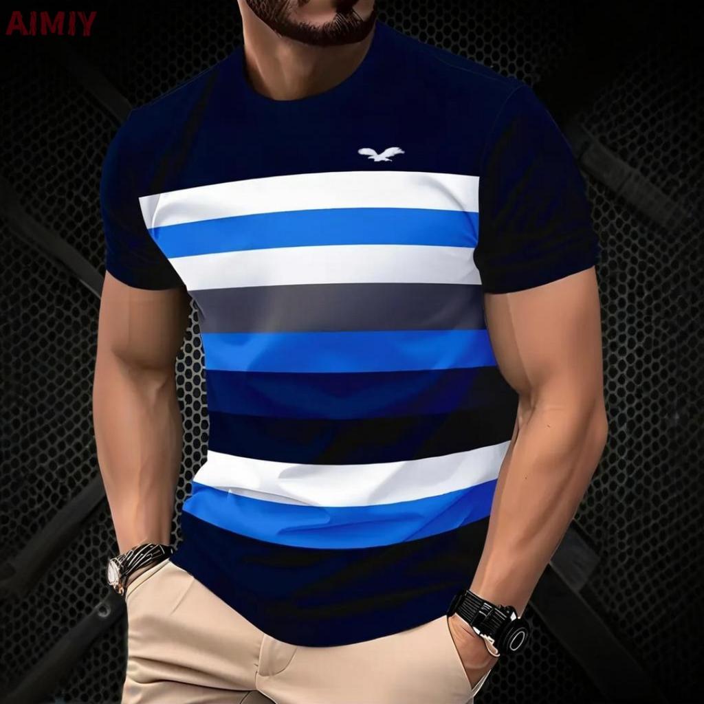 Men's Oversized T-shirt Summer Outdoor Casual Round Neck Short Sleeve Top Striped Printed Style OverSize Loose Men's Clothing