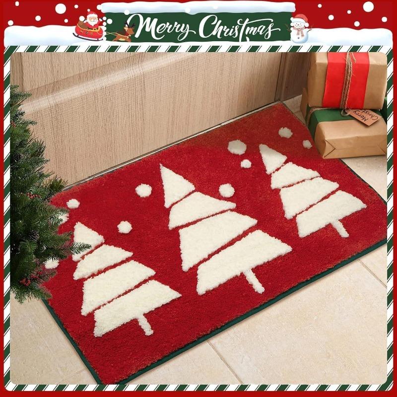 Red Christmas Print Faux Cashmere Bath Mat - Non-Slip Shower Rug & Festive Entryway Doormat