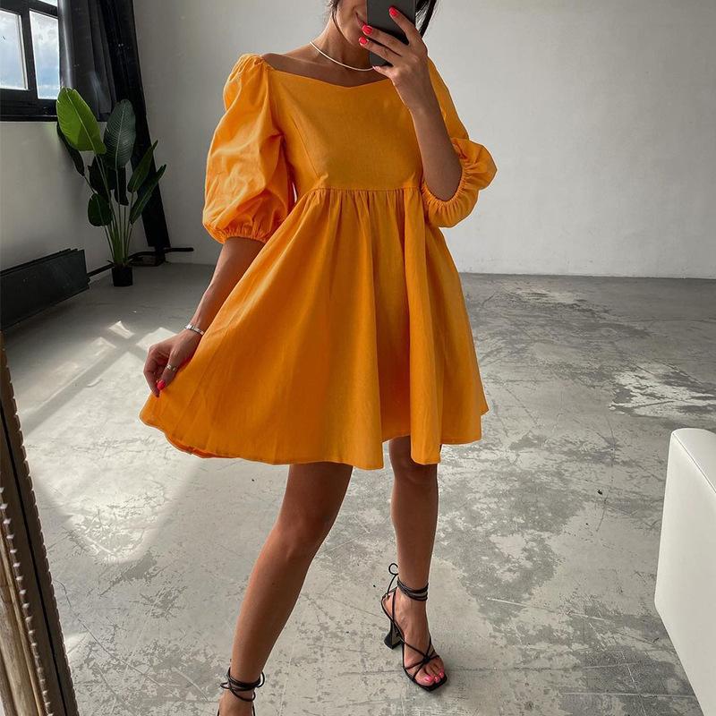 Miniabito a maniche a sbuffo monocolore: Monospalla con Scollo Quadrato e Sette Colori Primavera/Estate