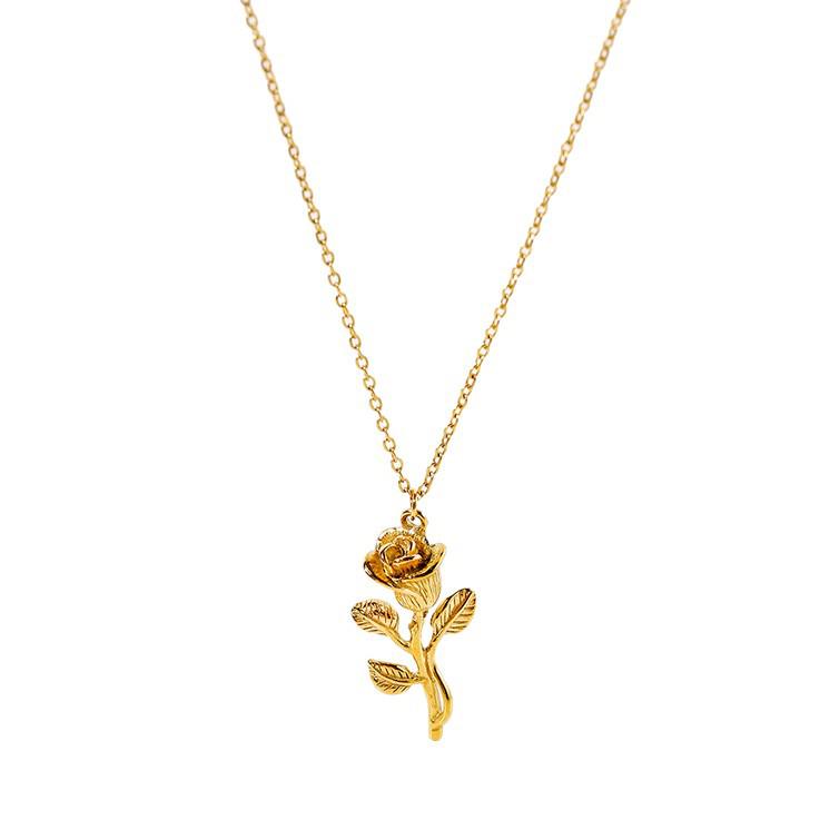 INS Light Luxury Rose Flower Sun Double Ring Pendant Necklace, 18K Gold-Plated Stainless Steel, Waterproof Clavicle Chain