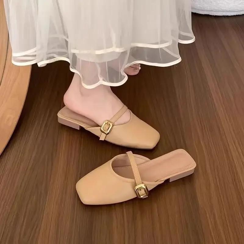 Fashion French Head Half Slippers Women Wear 2025 Spring Summer New Shallow Mouth All Soft Leather Mueller Shoes Beach Single Shoes