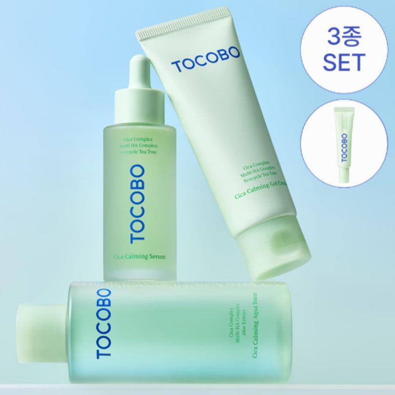 TOCOBO Cica Calming Skincare 3-Piece Set + Free Cica Sun Serum 10ml – Aqua Toner 200ml, Calming Serum 50ml & Gel Cream 75ml
