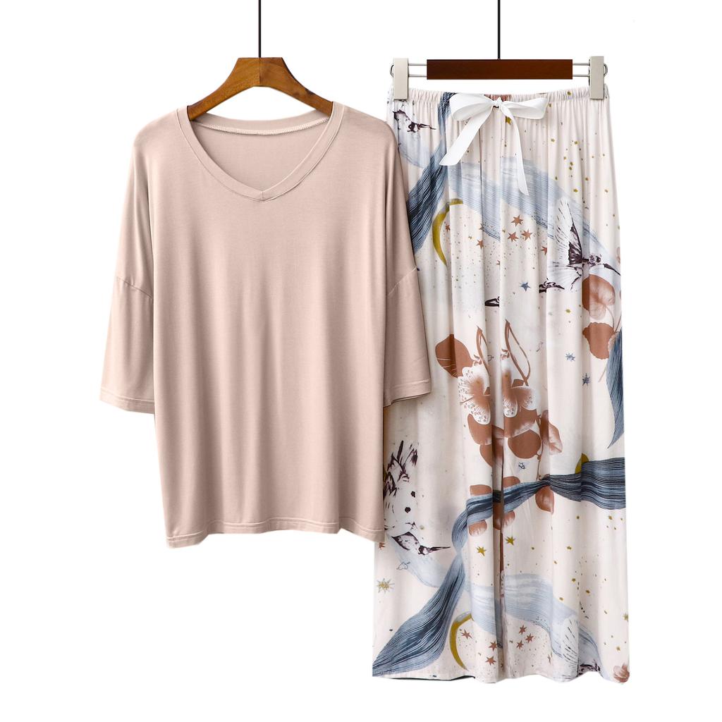 Sommer Damen Pyjama Sets Modal Kurzarm T-Shirts und Weitbein Hosen Heiß Lässig Homewear 2-teiliges Anzug Damen Nachtwäsche