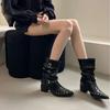 New spot 2025 winter new pleated western leather short boots women pointed thin thick heel royal sister wind rivet horse