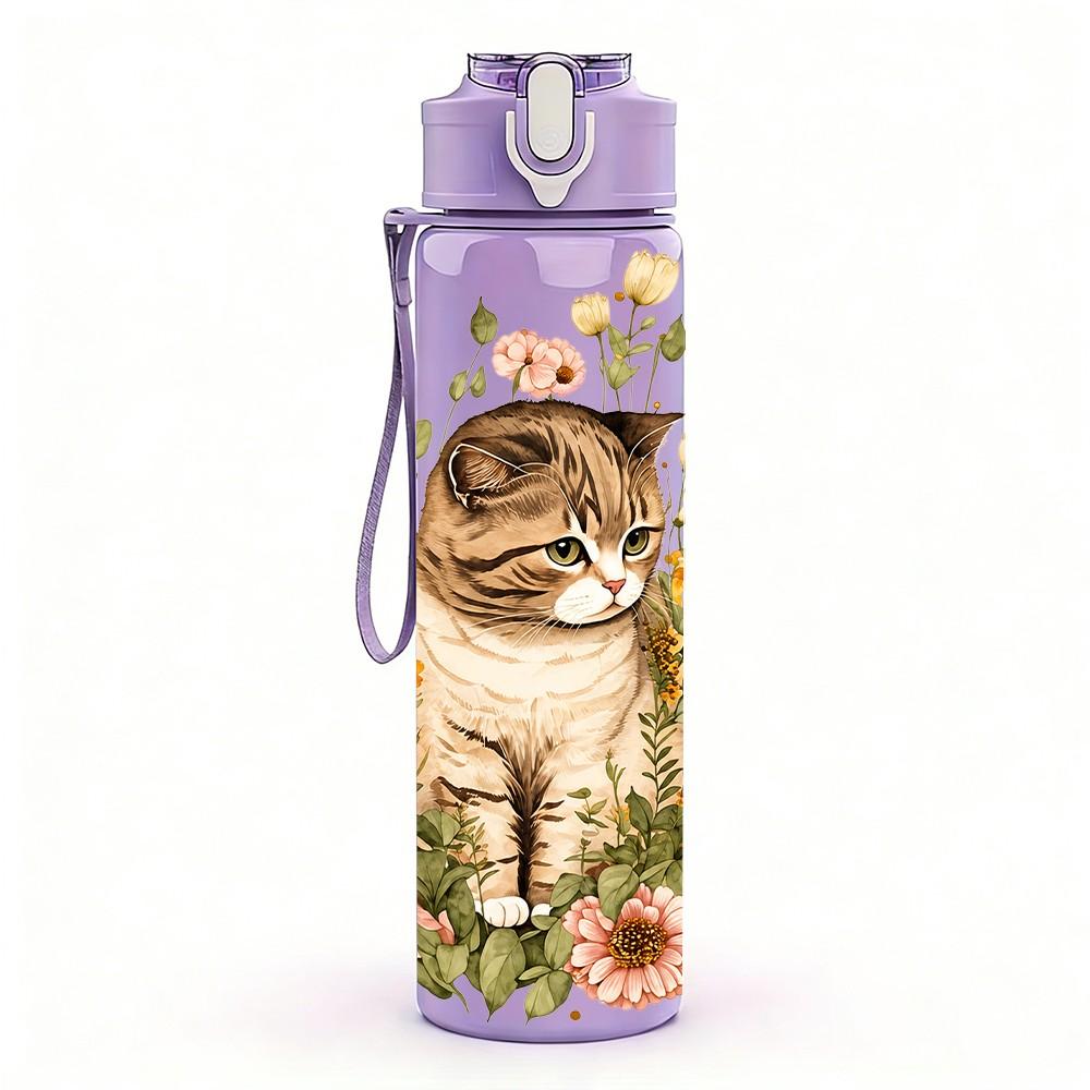 1PC Kitten Dried Flower Bouquet Pattern 750ml Color Plastic Sports Water Bottle Leakproof Flip Straw Lid Suitable for Sports Office Home Use