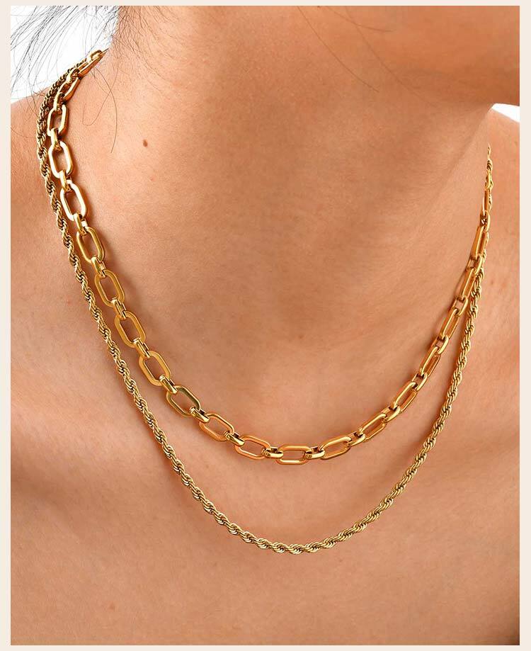 Chunky Chain Rope Link Stackable Necklace for Women, Stainless Steel Minimalist Jewelry, Gold Plated Oval Collar Chain Jewelry