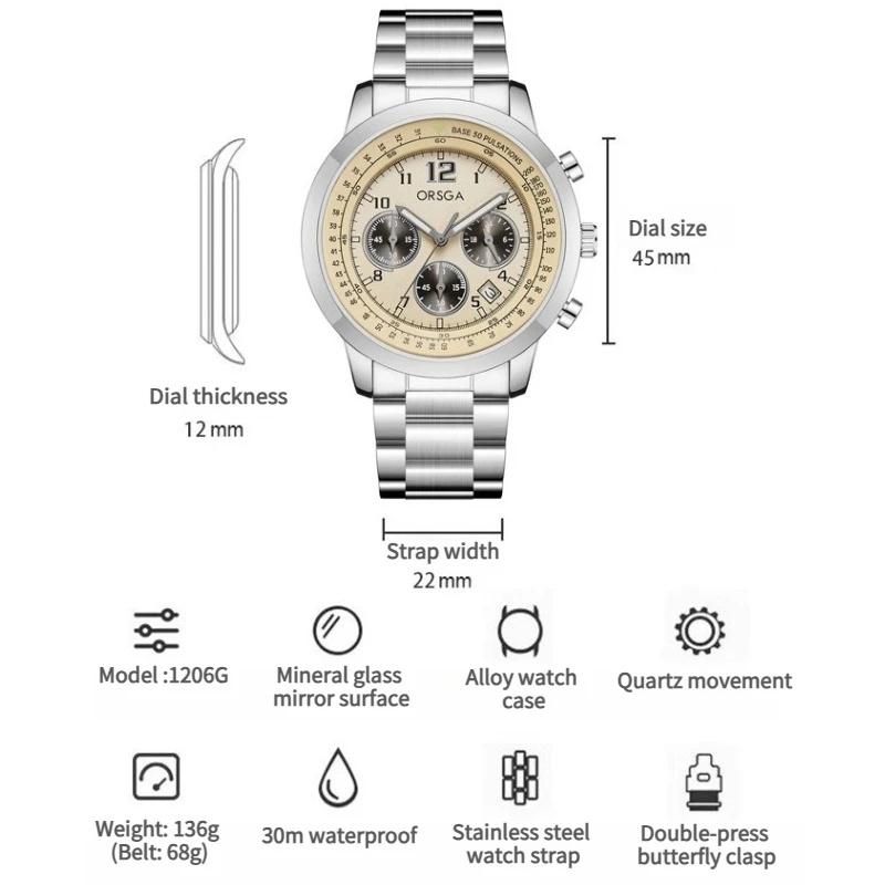 Fashion Multifunctional Chronograph Men's Watches Luxury Quartz Stainless Steel Waterproof Wristwatch Reloj De Hombre