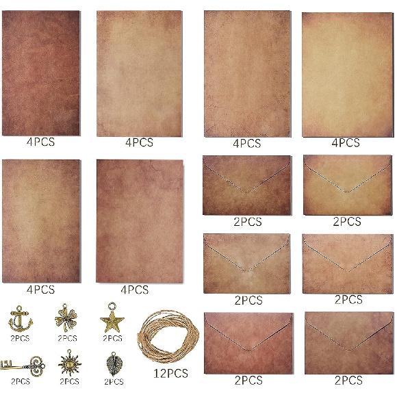 Vintage Stationary Paper and Envelopes Set - 24 Sheets Vintage Letter Papers, 12 Envelopes, 12 Retro Pendant, 12 Rope, Aged Stationery Letter Writing