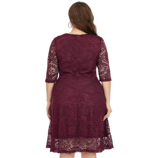 Women O-neck 3/4 Sleeve Dress High-Waist Hollow Lace Stitching Elegant Party Dress Plus Size Summer Casual Tunic Dress Streetwear