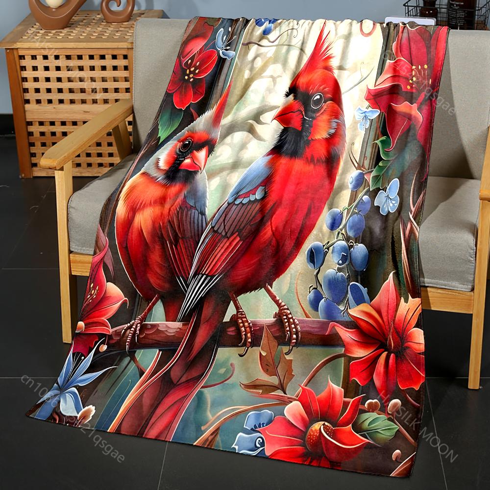 Red Cardinals with Vibrant Flowers Pattern Blanket Flannel Material Soft Warm for All Seasons, Home Outdoor Camping Picnics RV