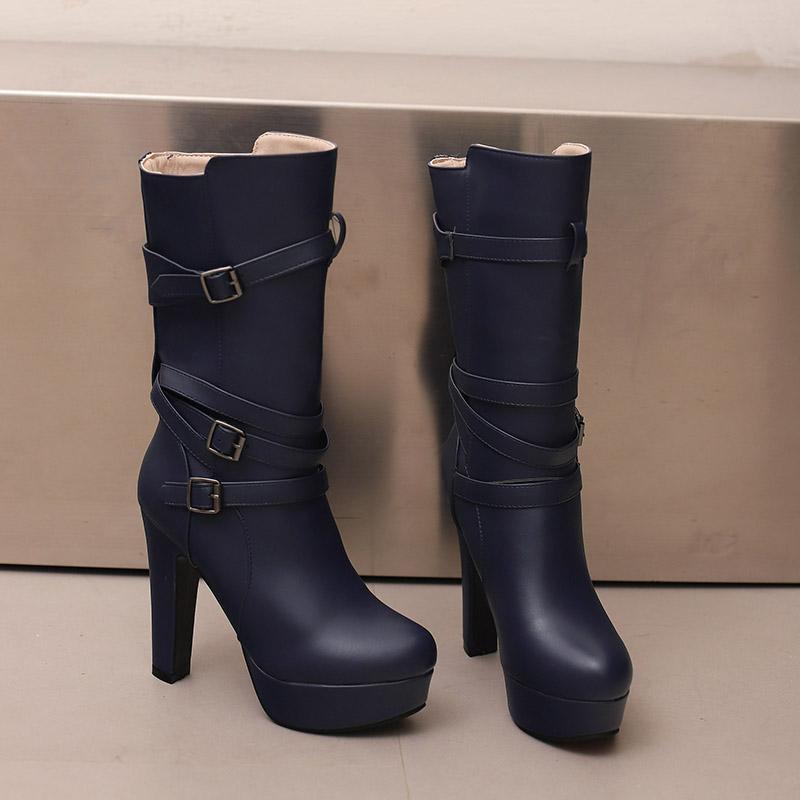 

Женские короткие ботильоны на высоком каблуке Осень и зима новые водонепроницаемые на толстом каблуке большого размера римские короткие ботильоны 50 синий