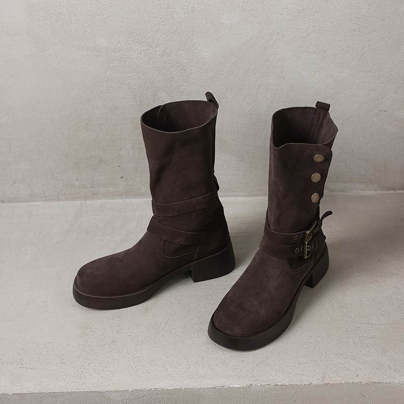 Krazing Pot Cow Suede Round Toe Thick Heels Motorcycle Boots Size 42 Back Zip Women Keep Warm Metal Button Mid-calf Boots