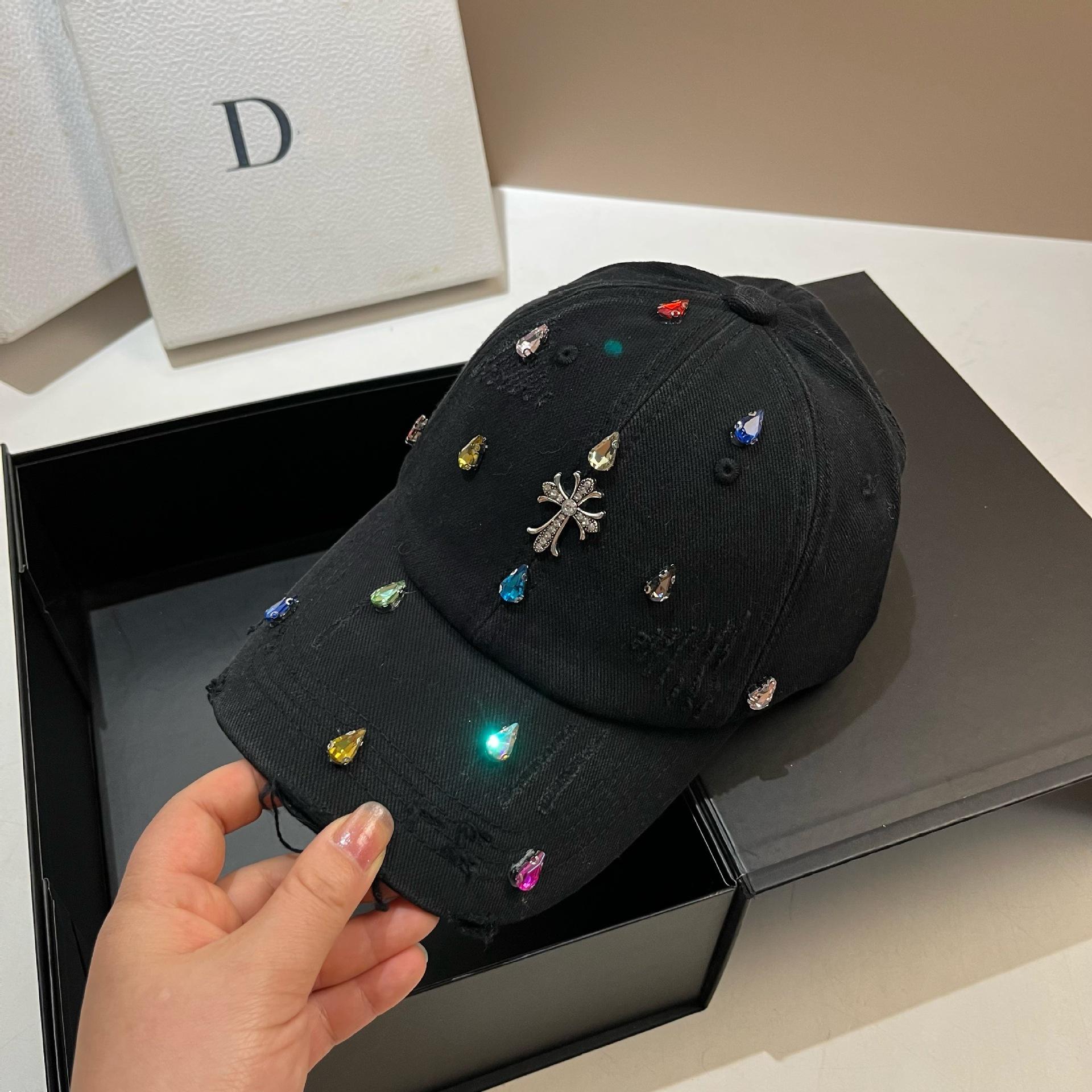 Cross Personality Ripped Baseball Cap Spring Summer Water Drop Diamond Light Luxury Design Versatile Cap Women adjustable