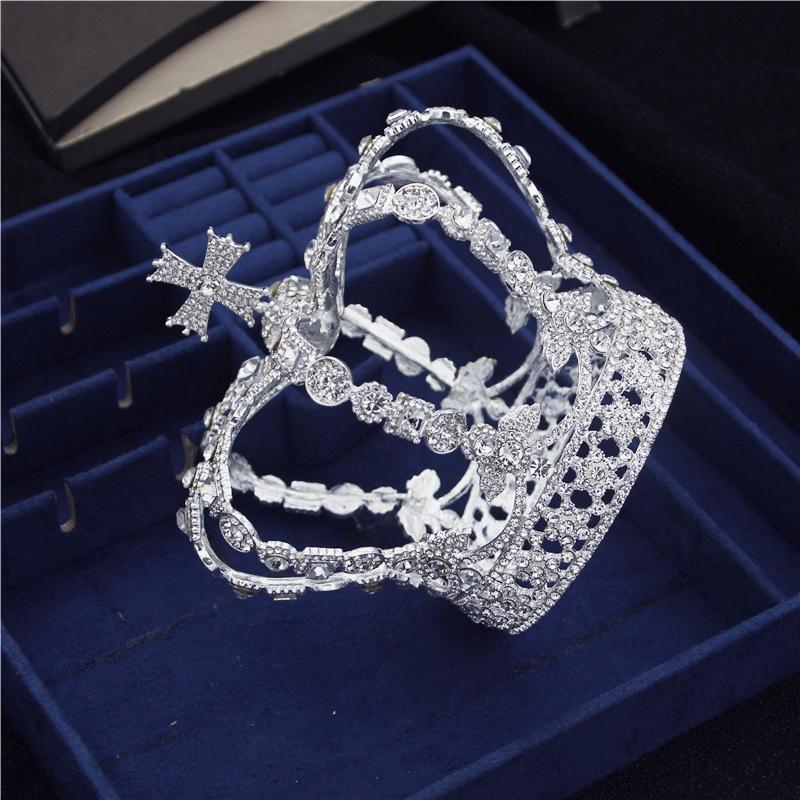 Gorgeous Baroque Crystal Cross Diadem Ornaments Royal Crown Wedding Tiaras Prom Party Queen King Head Jewelry Bridal Crown Hair