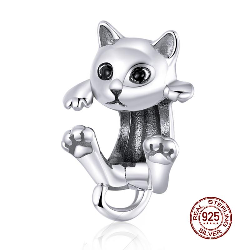 WOSTU 925 Silver Animal Cat Charm Pendant Heart Family Ladybug Bee Beads Fit Original Bracelet DIY Jewelry For Women