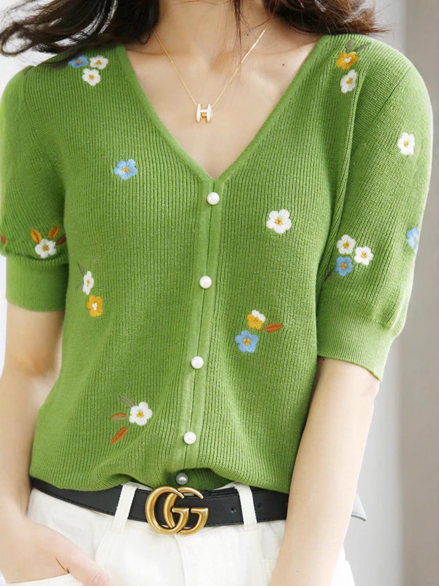 

Женский трикотажный топ с V-образным вырезом и короткими рукавами, универсальный, весна/лето 2025 Extra Large зелёный