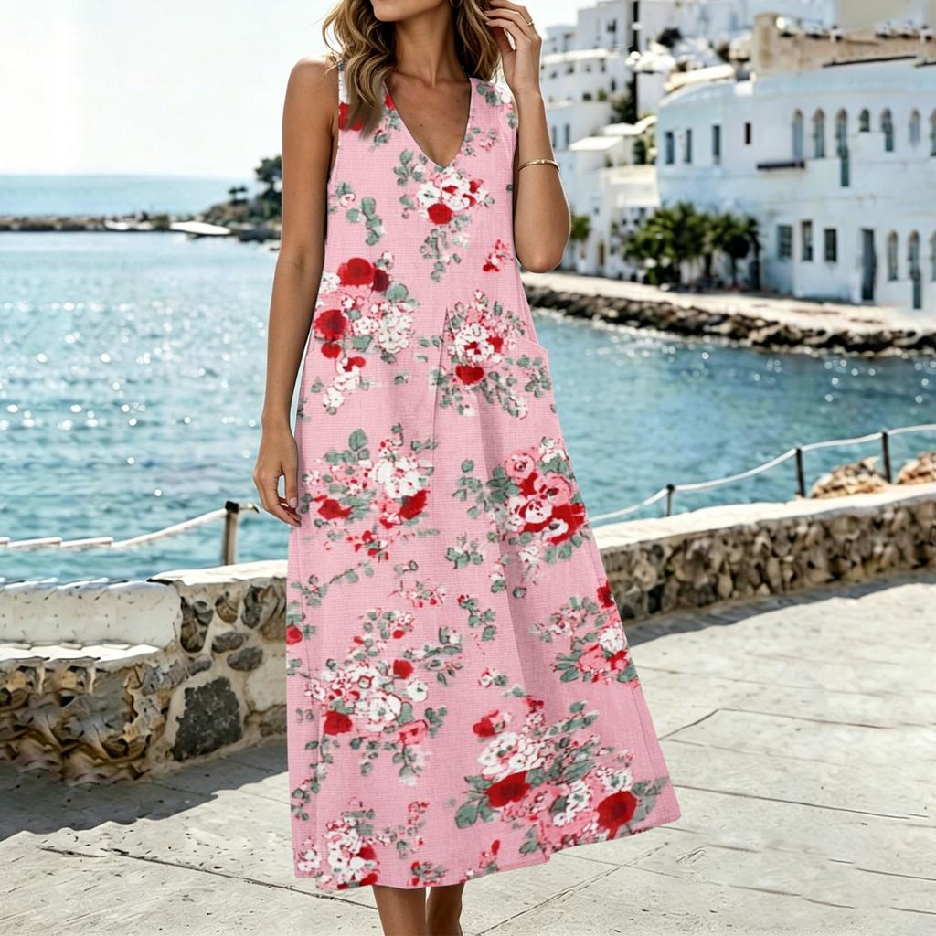 Sleeveless U Neck Floral Print Maxi Dress with Pockets and Side Slit for Women Casual Dresses for Women Summer Dresses for Women Sundresses for Women