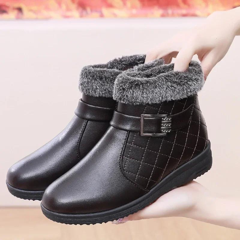 

Winter Shoes Women Snow Boots Metal Thickened Women Cotton Shoes Zipper Plush Warm Leather Short Botas Flat Non-slip Zapatos 35 коричневий