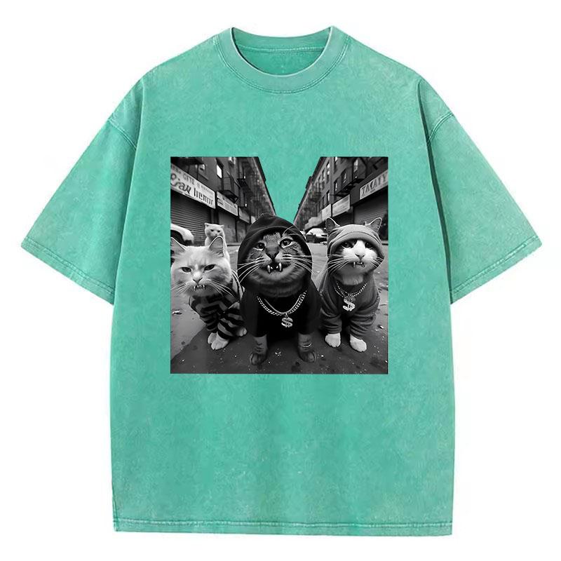 Streetwear Cat Hip Hop T Shirt Vintage Washed Cotton T-Shirt Graphic Tee Casual Streetwear Spring Summer Tee