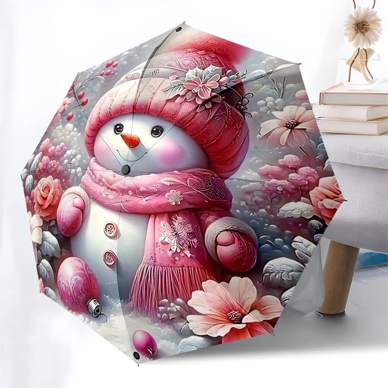 

1pc Floral Snowman Design Automatic Folding Umbrella, Portable 3-Fold Design with 8-Bone Iron Frame, Perfect for Outdoor Use, Festive Gifts, Travel, D