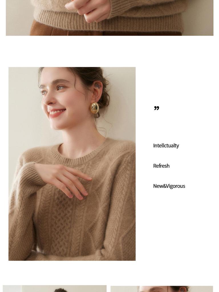 Women's Round Neck Cashmere Sweater - Thick Three-Ply Pullover for Autumn/Winter, Loose and Warm Versatile Base Layer Top.