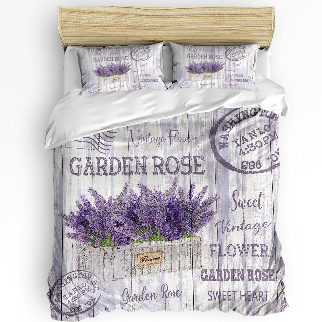 Blomma Lavendel Vattenkokare Vintage Vykort Trä Påslakan Med Örngott 3st Sängkläder Set Täcke Dubbelsäng Hemtextil