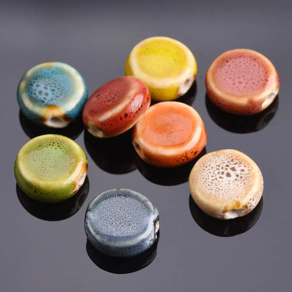 20pcs Flat Round 15mm Handmade Ceramic Porcelain Loose Spacer Beads Lot for Jewelry Making Accessories DIY Crafts Findings Creativity Beads