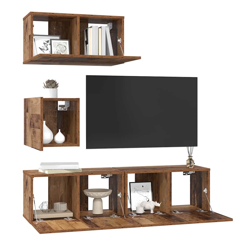 Wall Mounted TV Cabinet Set 4 pcs Reclaimed Wood Effect Particleboard
