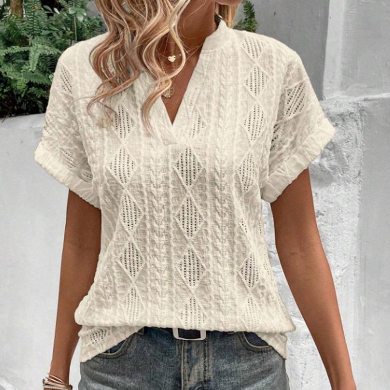 Ladies Summer Short Sleeve V Neck Solid Color Jacquard Pullover Hollow T Shirt Top